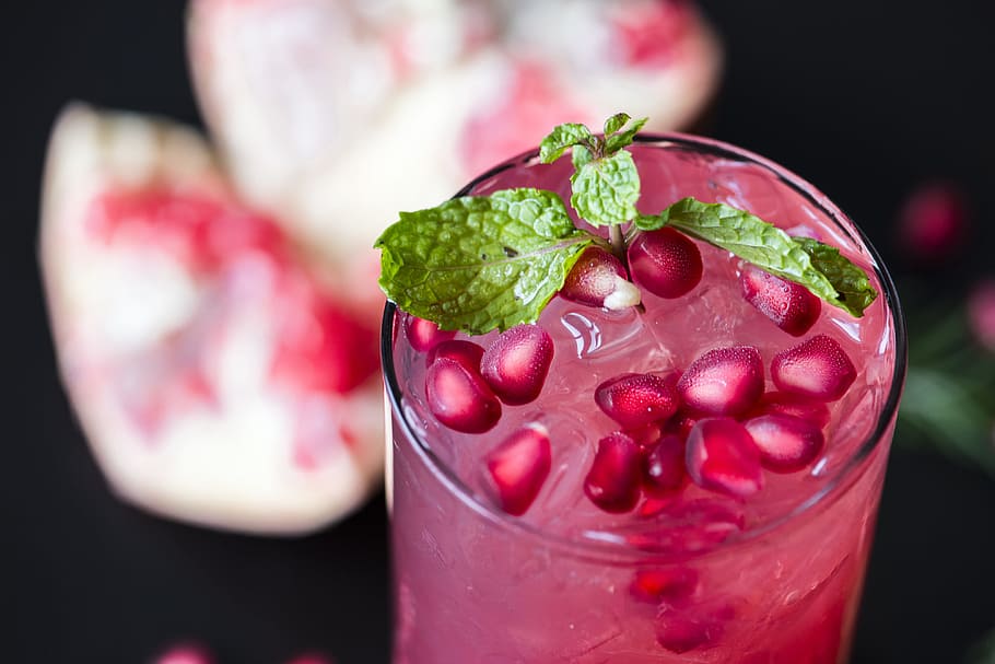 refreshing drink, tall glass, pomegranate seed, juice, ingredient