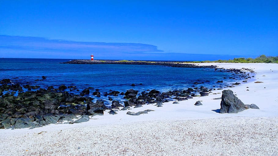 beach, galápagos, ecuador, blue, water, sea, sky, land, solid