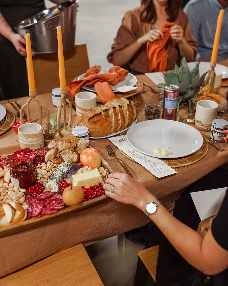 assorted cheeses, salami, and bread on table, person, human, meal HD wallpaper