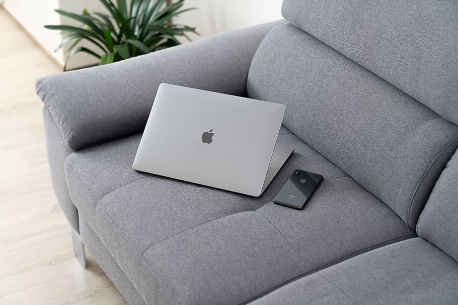 MacBook on grey sofa, indoors, furniture, pillow, celebration HD wallpaper