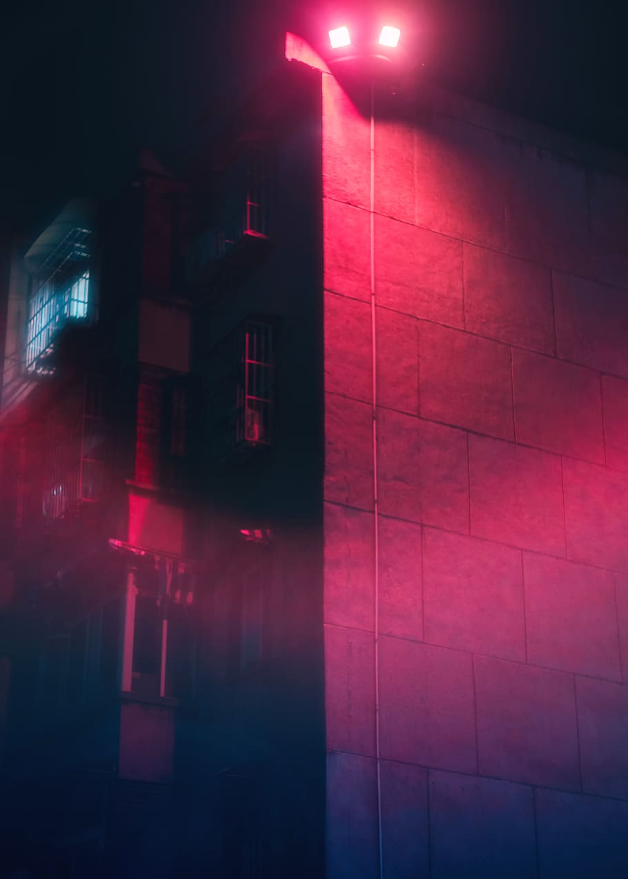 red wall light turned on, flare, laser, lighting, town, building HD wallpaper