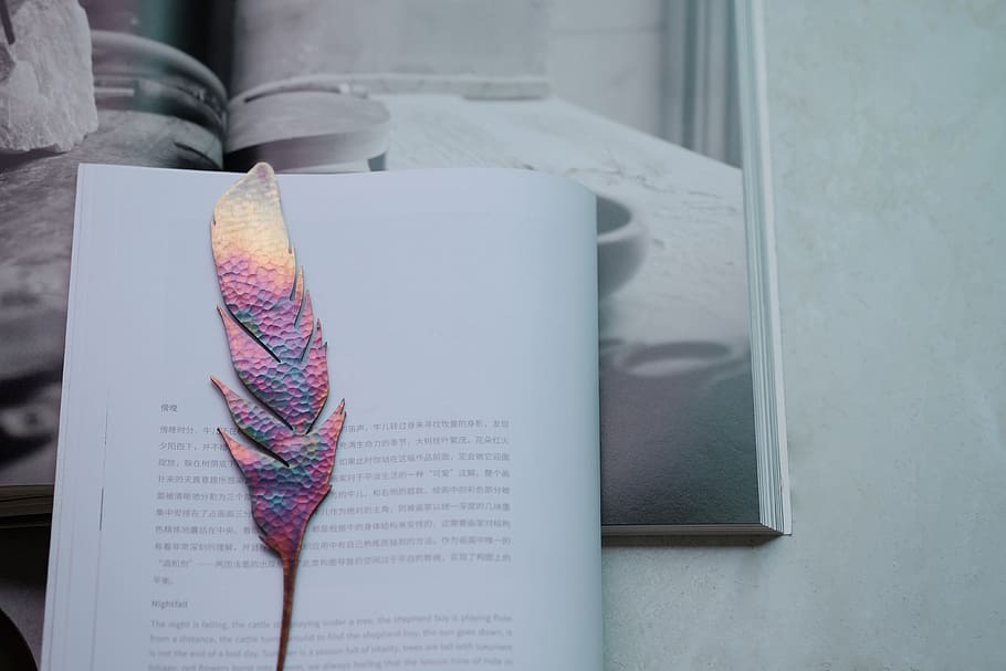 iridescent feather decor on white printer book pages, copper HD wallpaper