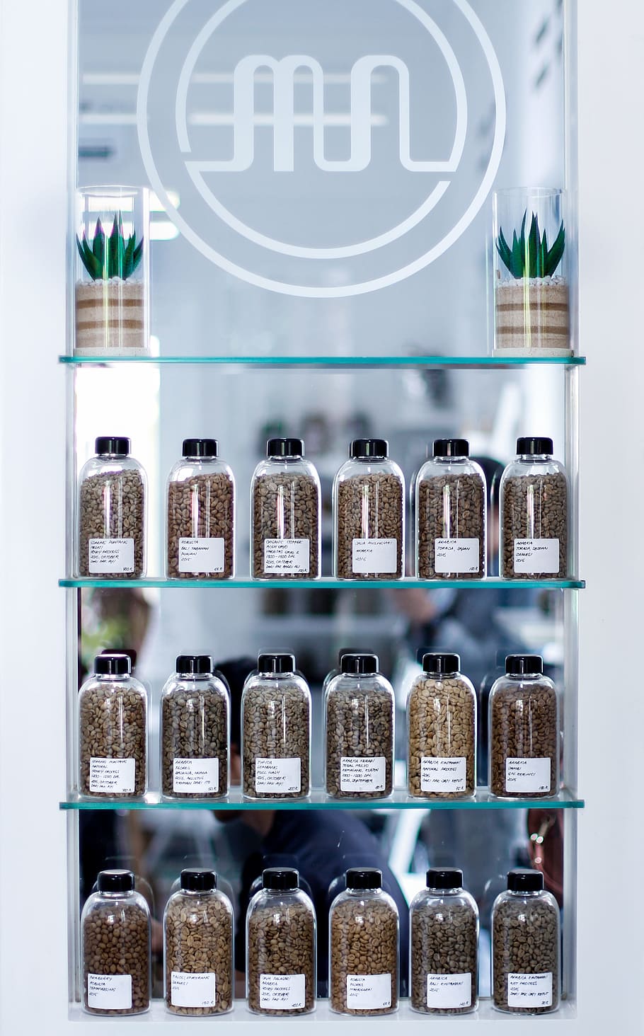 Clear Glass Containers On Glass Shelves, beans, bottles, caffeine HD wallpaper