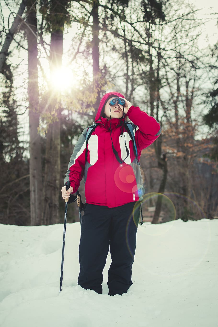 man using telescope standing on snow field, jacket, coat, clothing HD wallpaper