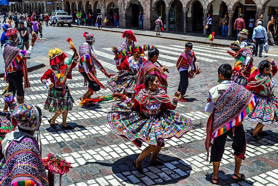 peru, cusco, square, festival, carnival, street, women, color, HD wallpaper