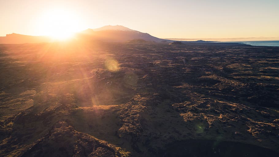 iceland, sunset, light, leak, flare, landscape, volcano, travel HD wallpaper