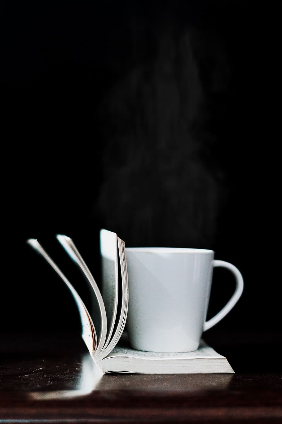 white ceramic mug on white book, cup, drink, table, indoors, coffee cup HD wallpaper