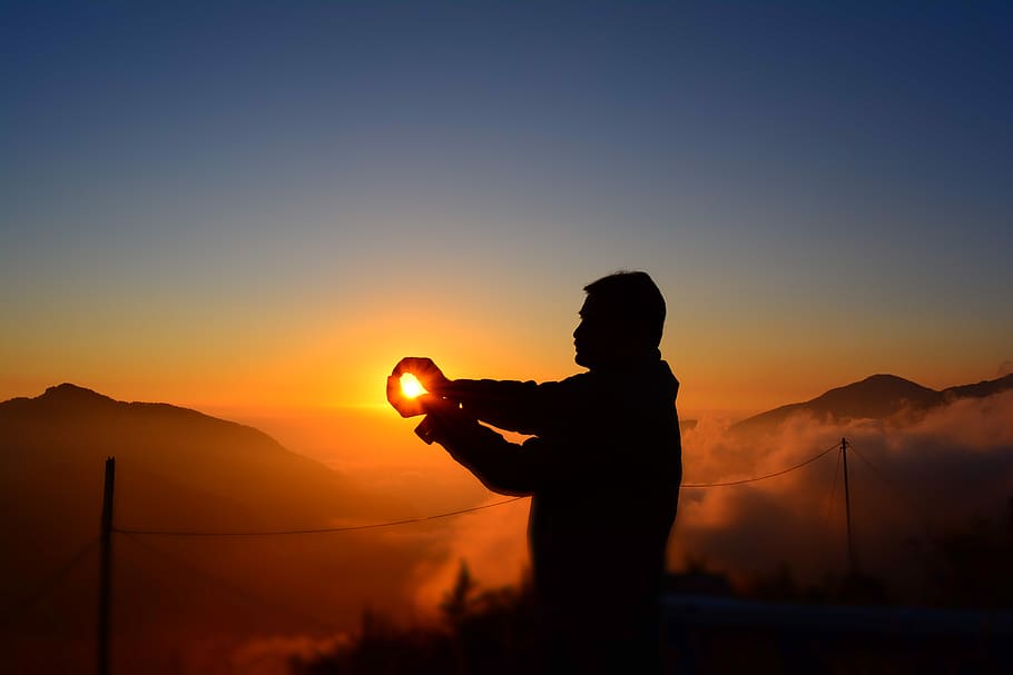 Silhouette Of Man , backlit, dawn, fog, mountain, person, silhouetted HD wallpaper