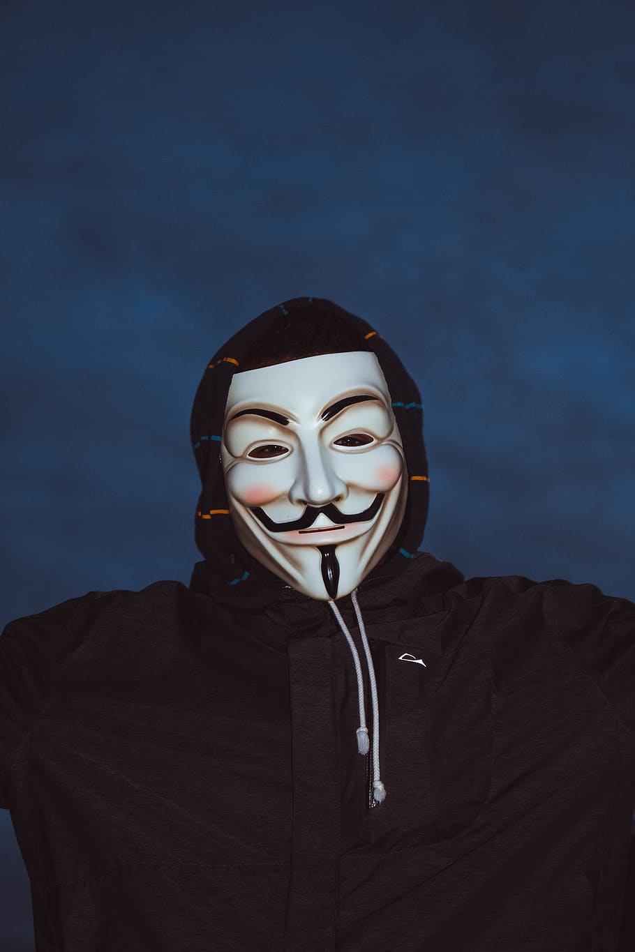 Person Wearing Guy Fawkes Mask and Hoodie, close-up, dark, fashion