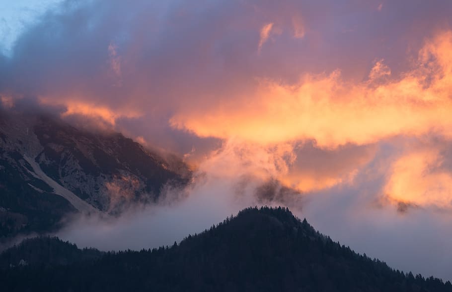 clouds, sky, aerial, mountain, sunset, fog, trees, cloud - sky HD wallpaper