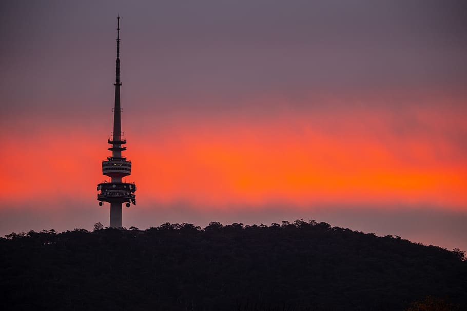sunset, sky, orange, nature, canberra, tower, telstra tower HD wallpaper