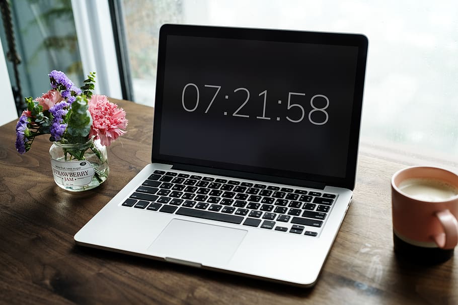 Silver Macbook Pro Displaying 7:21:58, beverage, coffee, communication HD wallpaper