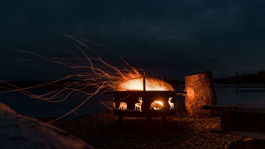 bonfire at night, flame, canada, forge, human, person, indoors HD wallpaper