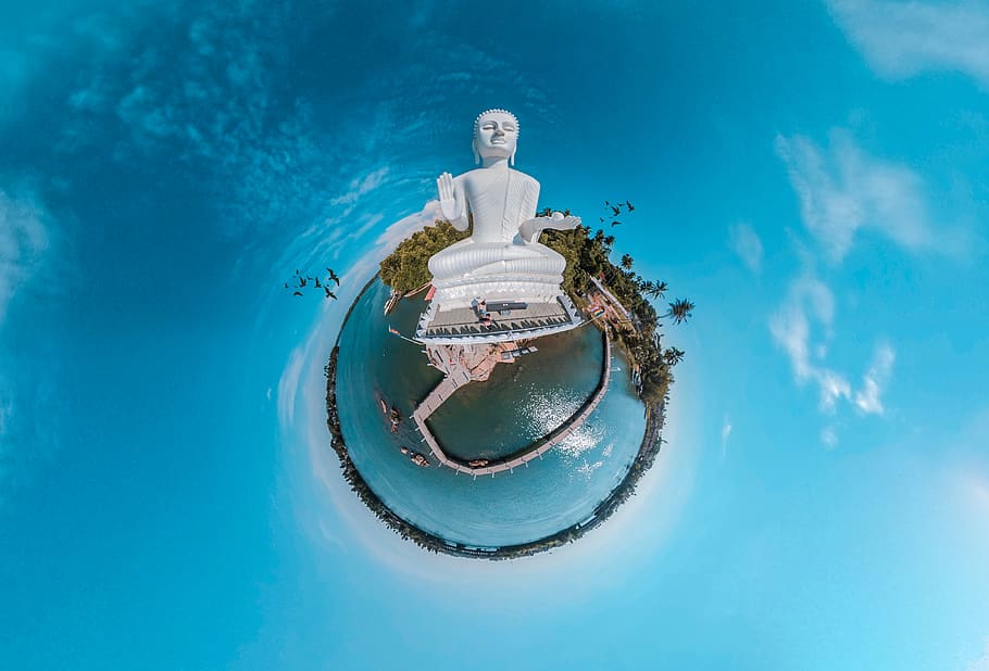 Tiny Planet Photo and Buddha Statue, blue, ocean, photography HD wallpaper
