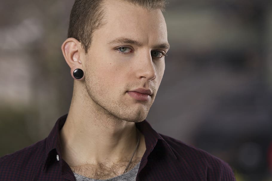 Man Wearing Maroon Collared Shirt, casual, earring, facial expression, HD w...