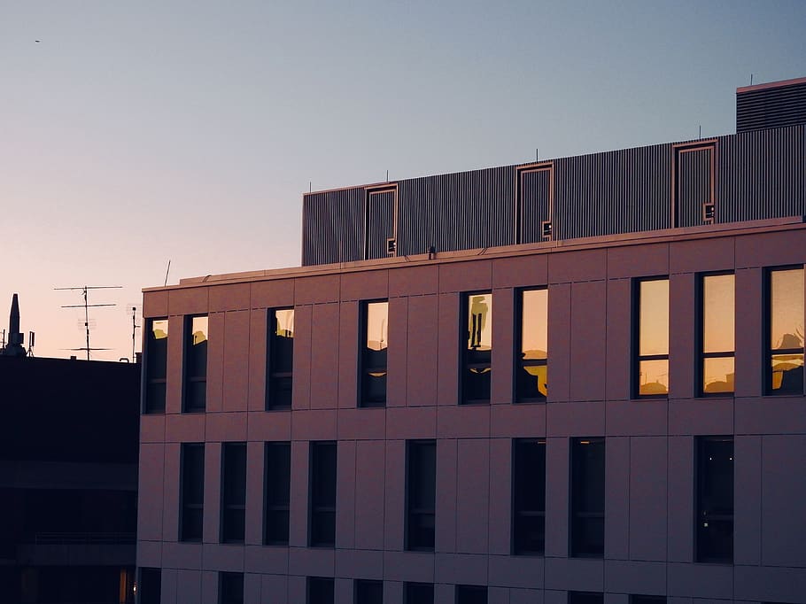 white painted building during sunset, office building, window, HD wallpaper