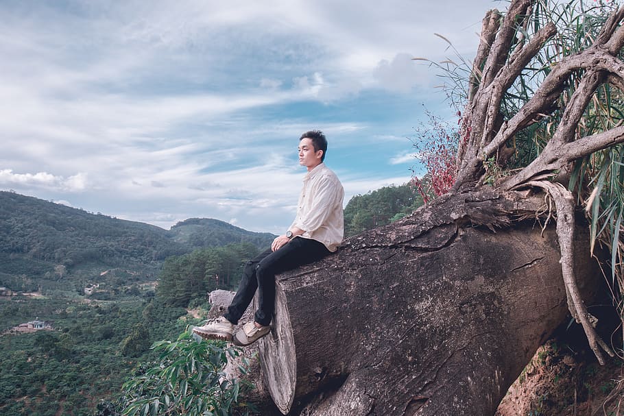 Man Sitting on Tree Trunk, daylight, environment, facial expression HD wallpaper