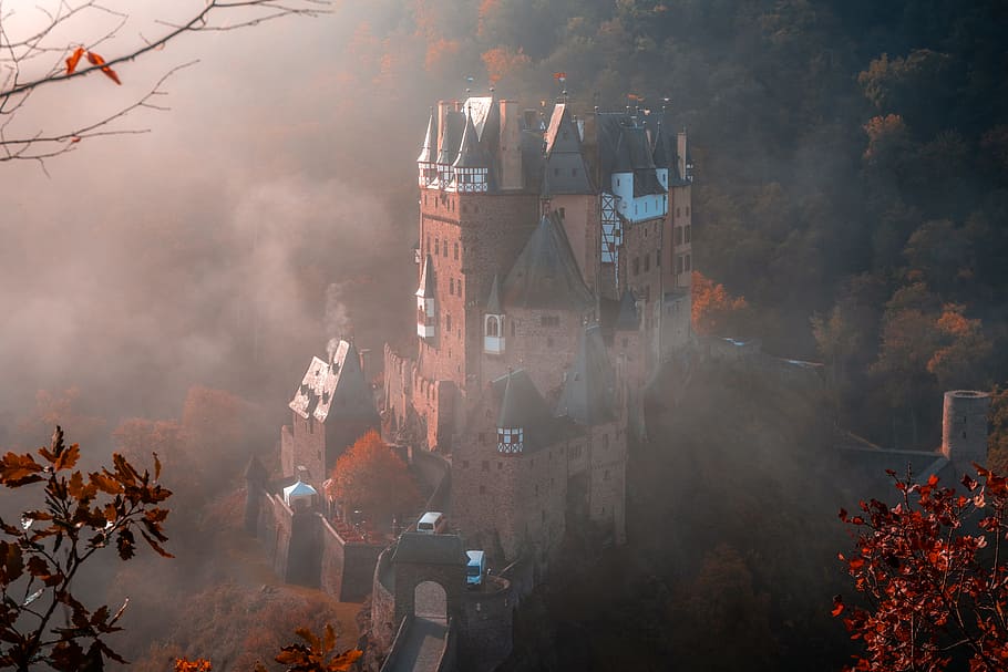 brown concrete castle surrounded by trees, fall, autumn, shine
