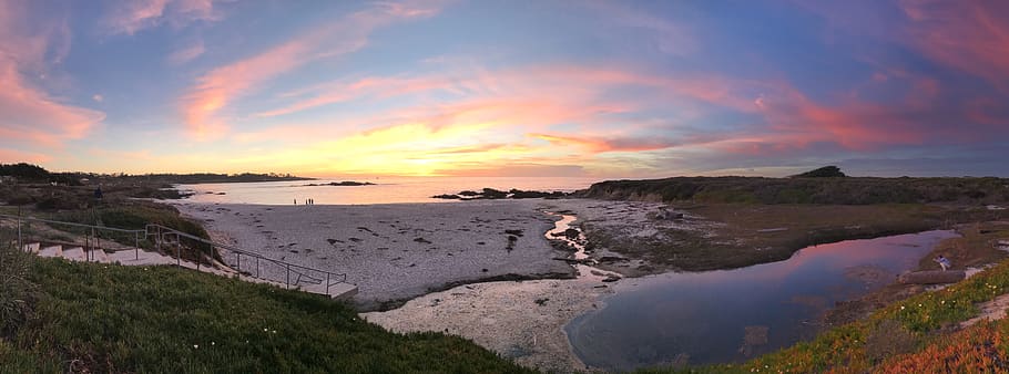 pano, landscape, sunset, beach, pebble beach, water, sea, sky HD wallpaper