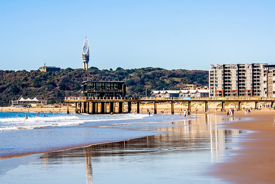 south africa, durban, addington beach, people, pier, sunny, HD wallpaper