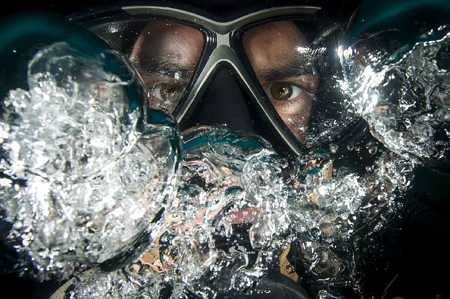 Man Wearing Googles, dive, diver, eyes, goggles, ocean, person