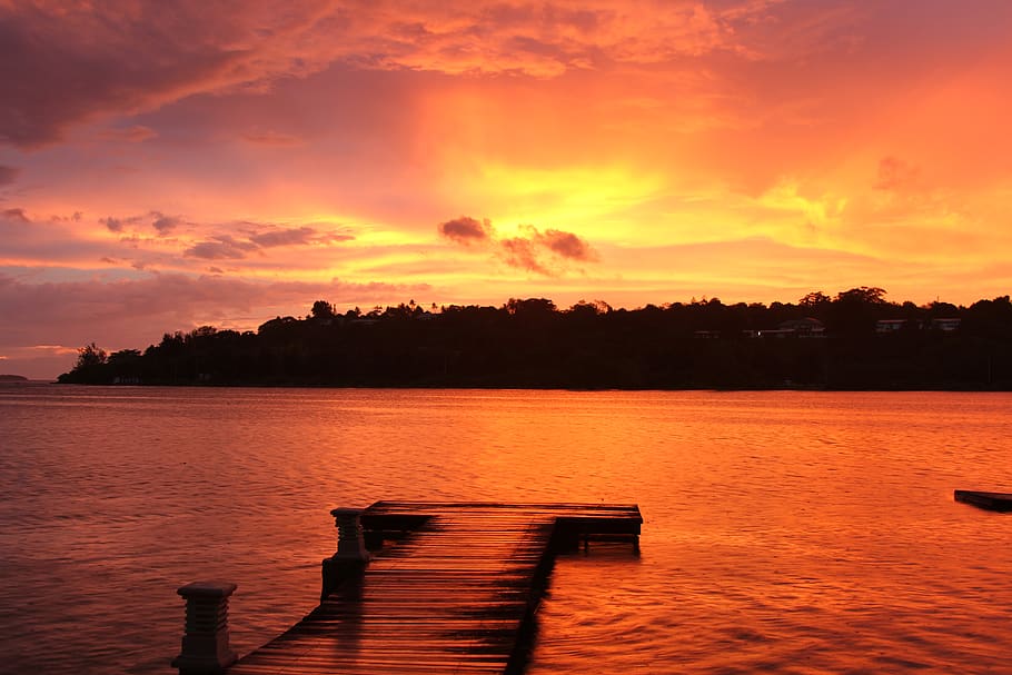 Silhouette Photo of Island at Golden Hour, beach, dawn, dock HD wallpaper