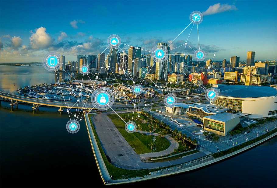 Internet of Things - Communication Mesh over Modern Cityscape, HD wallpaper