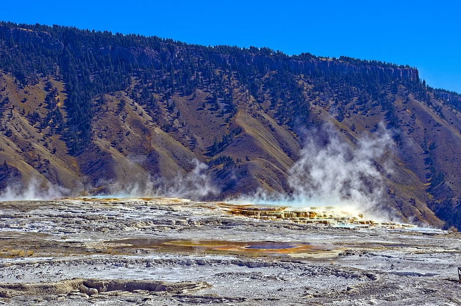 steaming terraces, hot, spring, yellowstone, national, park, HD wallpaper