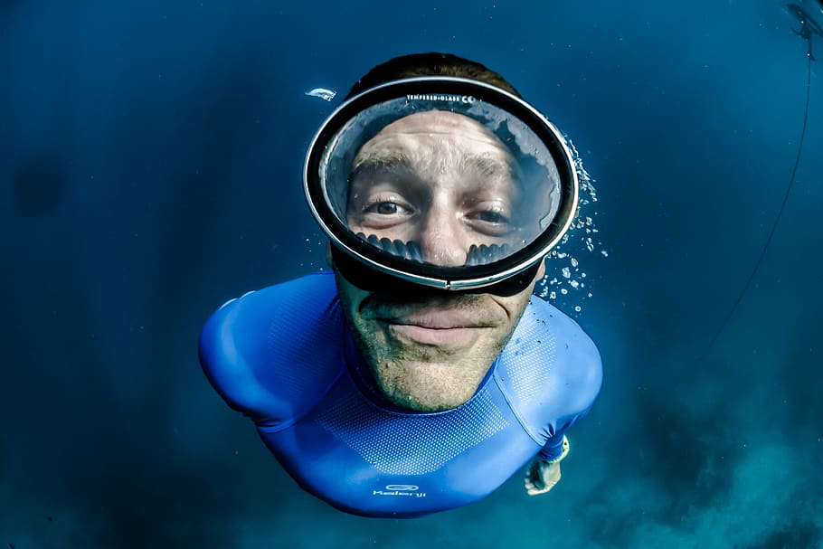 underwater photography of man, outdoors, sports, diving, person