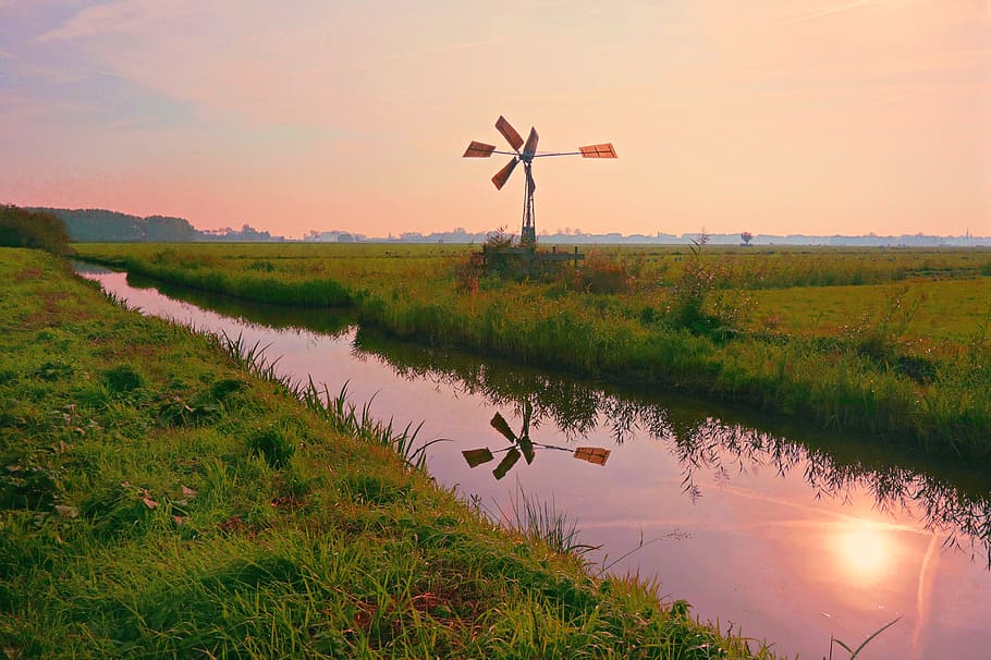 windmill, water, reflection, fields, countryside, rural, dutch landscape HD wallpaper