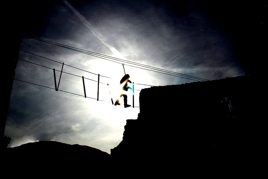 shade, shadow, sun, light, rope, bridge, crossing, sky, low angle view HD wallpaper