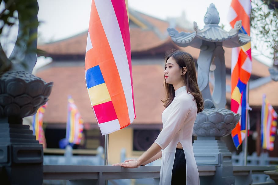 Woman Standing in Front of Banner, daytime, flags, fun, girl HD wallpaper