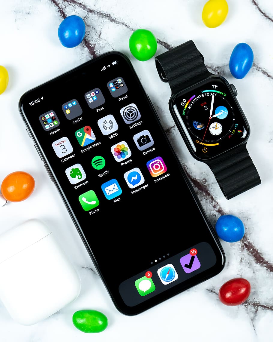 Apple watch beside iPhone, technology, close-up, no people, indoors HD wallpaper