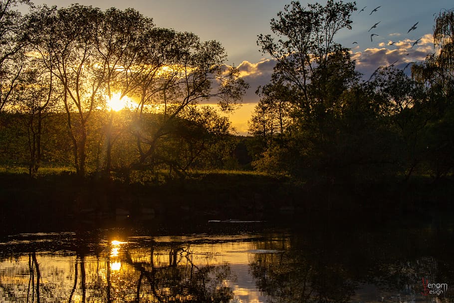 sunset, water, sky, nature, landscape, dusk, evening, abendstimmung HD wallpaper