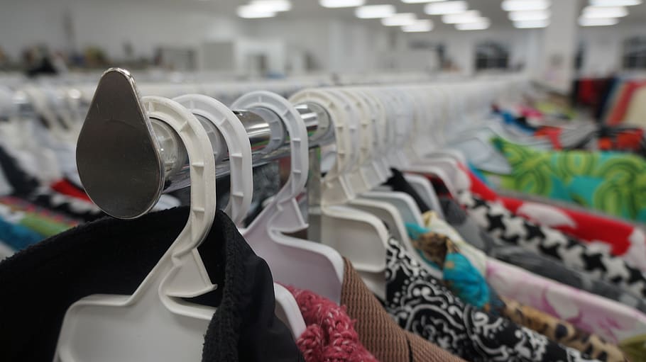 clothing, thrift store, shopping, garments, hangers, clothes
