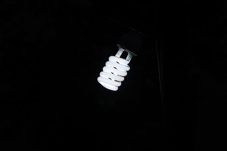 spiral white light bulb, black background, studio shot, lighting equipment, HD wallpaper