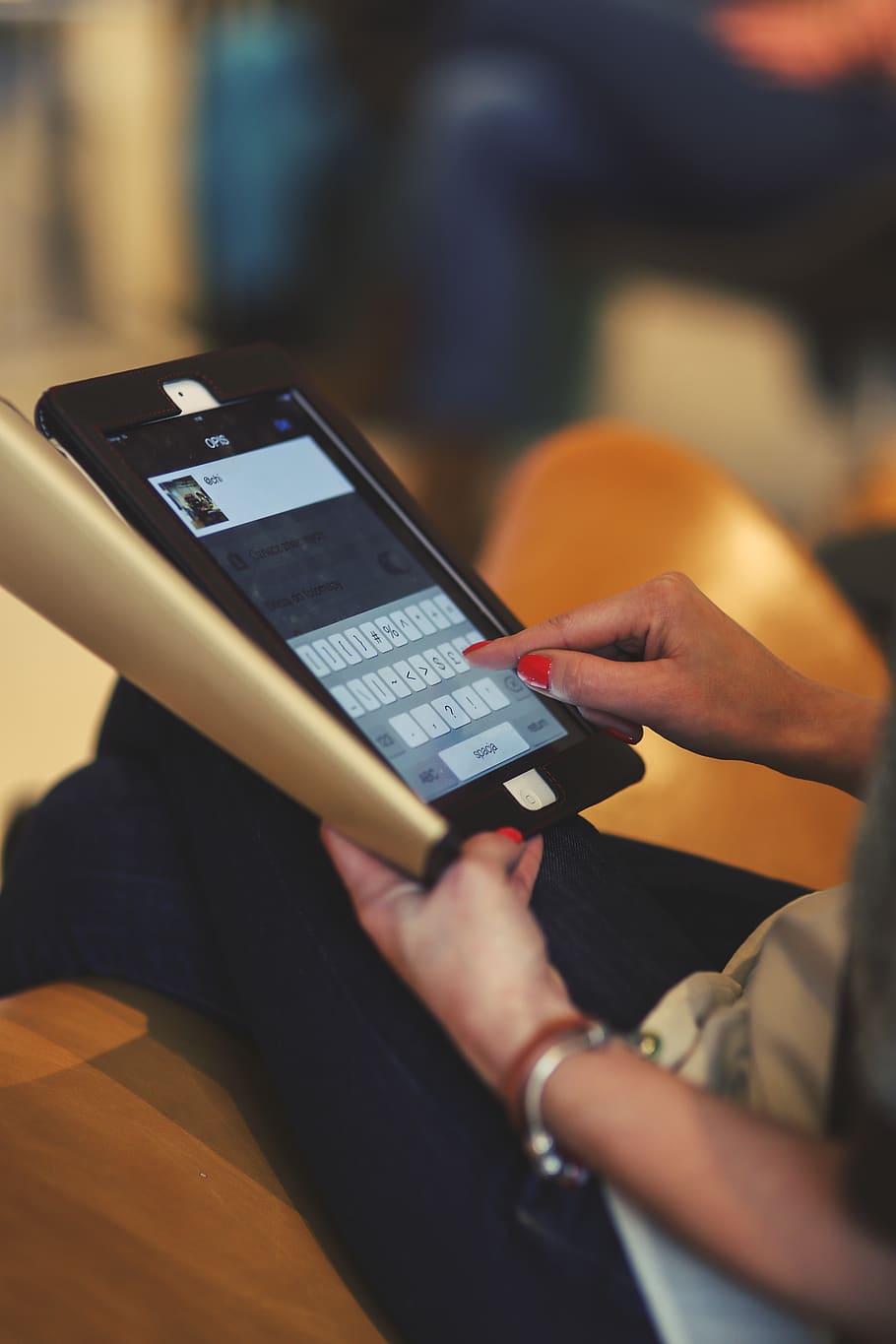Typing on the tablet, hands, technology, touch, touchscreen, woman HD wallpaper