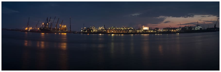 germany, hamburg, sunset, river, night, lights, harbour, cranes HD wallpaper