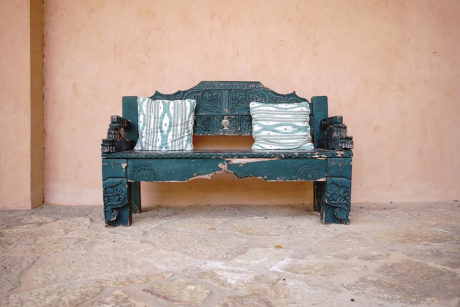 bench, green, seat, architecture, no people, wall - building feature HD wallpaper