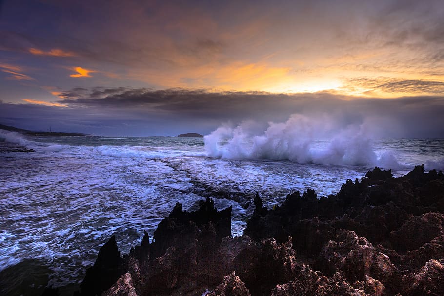 Water Waves Splashing on Rocks, beach, clouds, cloudscape, dawn HD wallpaper