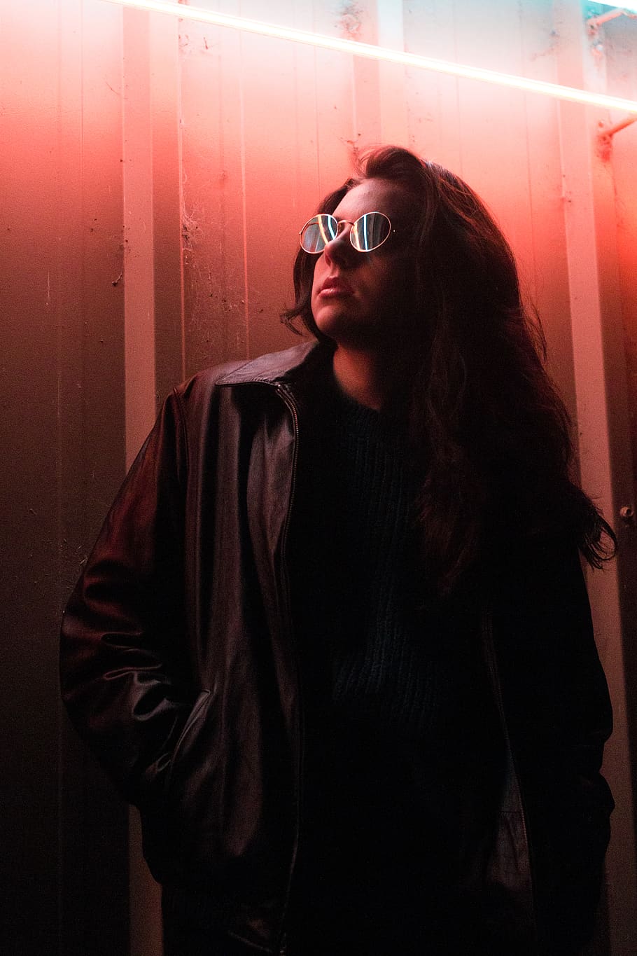 person wearing brown leather jacket, glasses, one person, young adult HD wallpaper