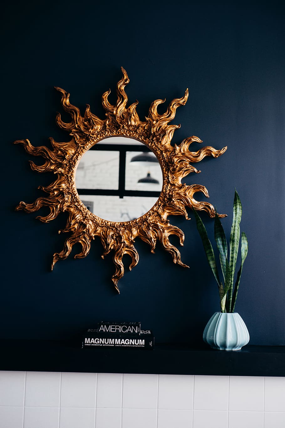 gold sun burst mirror, plant, frame, interior design, reflection HD wallpaper