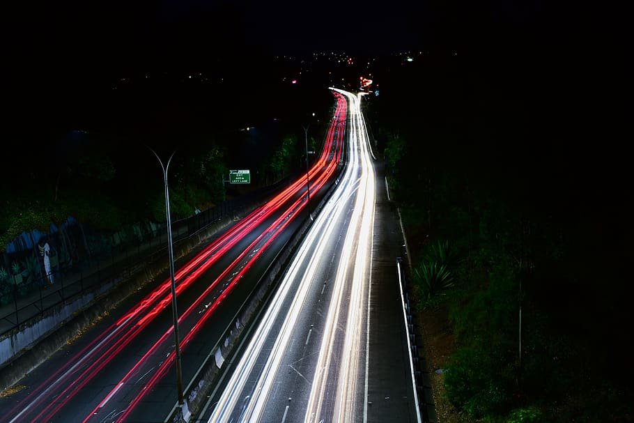 light trails, night, low light, traffic, cars, highway, long exposure HD wallpaper