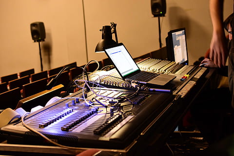 black audio mixer, hardware, electronics, laptop, light, keyboard HD wallpaper