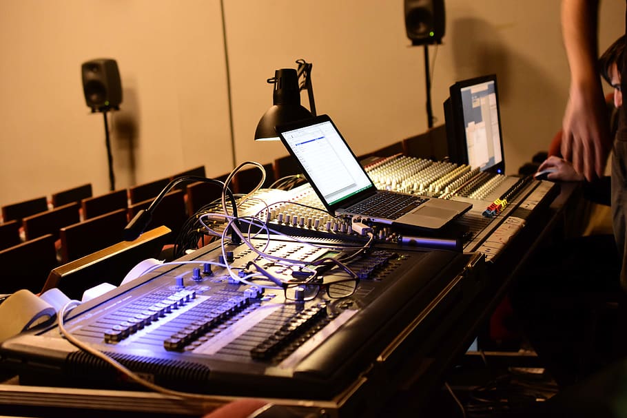 black audio mixer, hardware, electronics, laptop, light, keyboard HD wallpaper