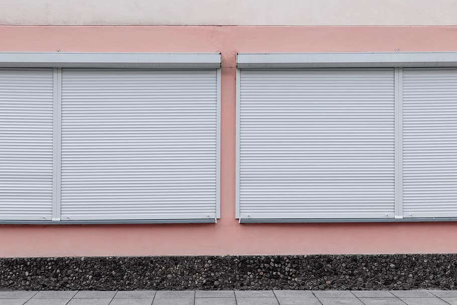 white window blinds closed, wall, pink, building, shutter, urban HD wallpaper