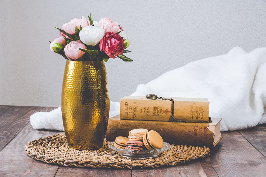 Golden Vase With Assorted Flowers, biscuits, bloom, blooming HD wallpaper