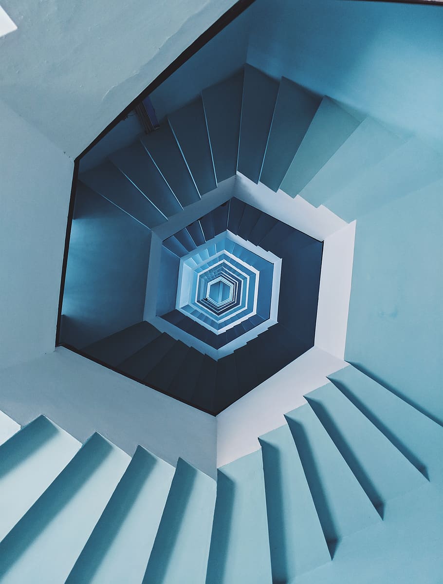 blue spiral staircase, pattern, architecture, indoors, shape HD wallpaper
