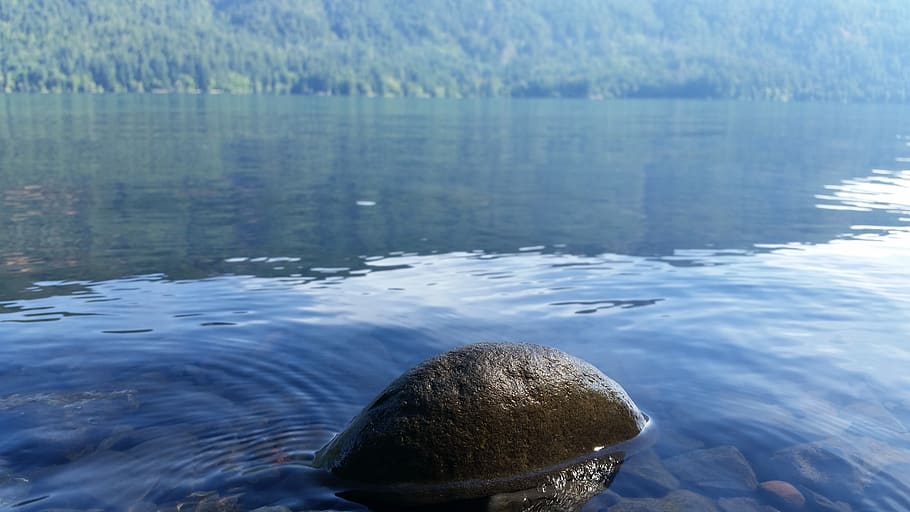 lake, canada, forest, stone, clear water, reflection, mountains HD wallpaper