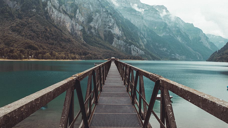 empty bridge near mountains, water, railing, beauty in nature HD wallpaper